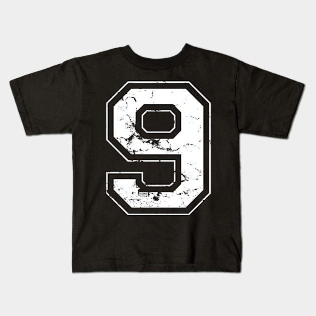 Number 9 Nine White Jersey Sports Athletic Player Kids T-Shirt by porcodiseno